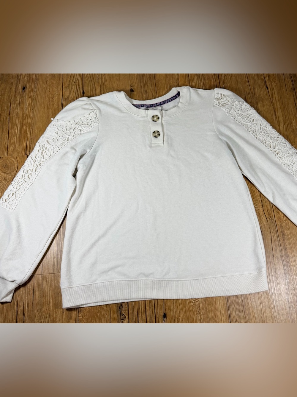 Knox Rose Womens Large Ivory Crochet Sleeve Henley Sweatshirt Boho Pullover